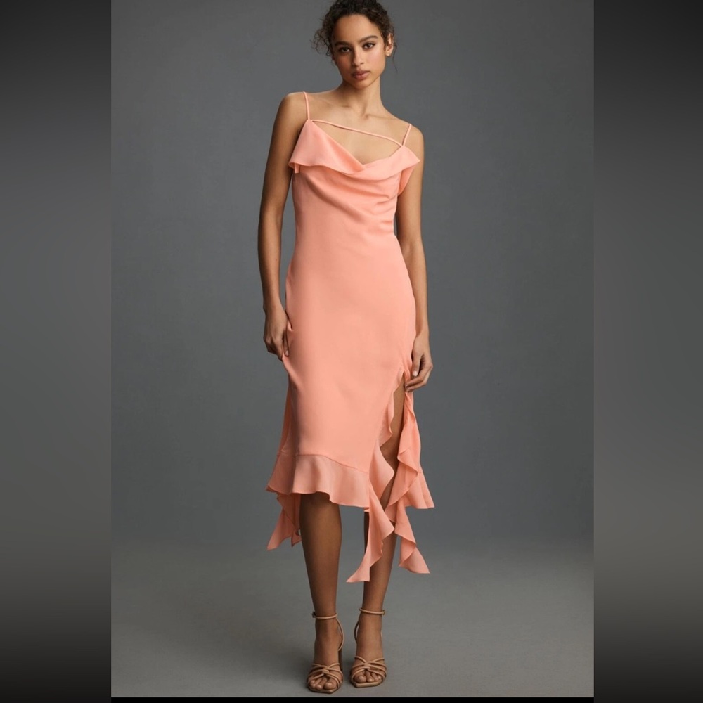 Mare Mare Peach/Pink Draped Cowl Neck Asymmetrical Slit Ruffle Midi Dress Size M